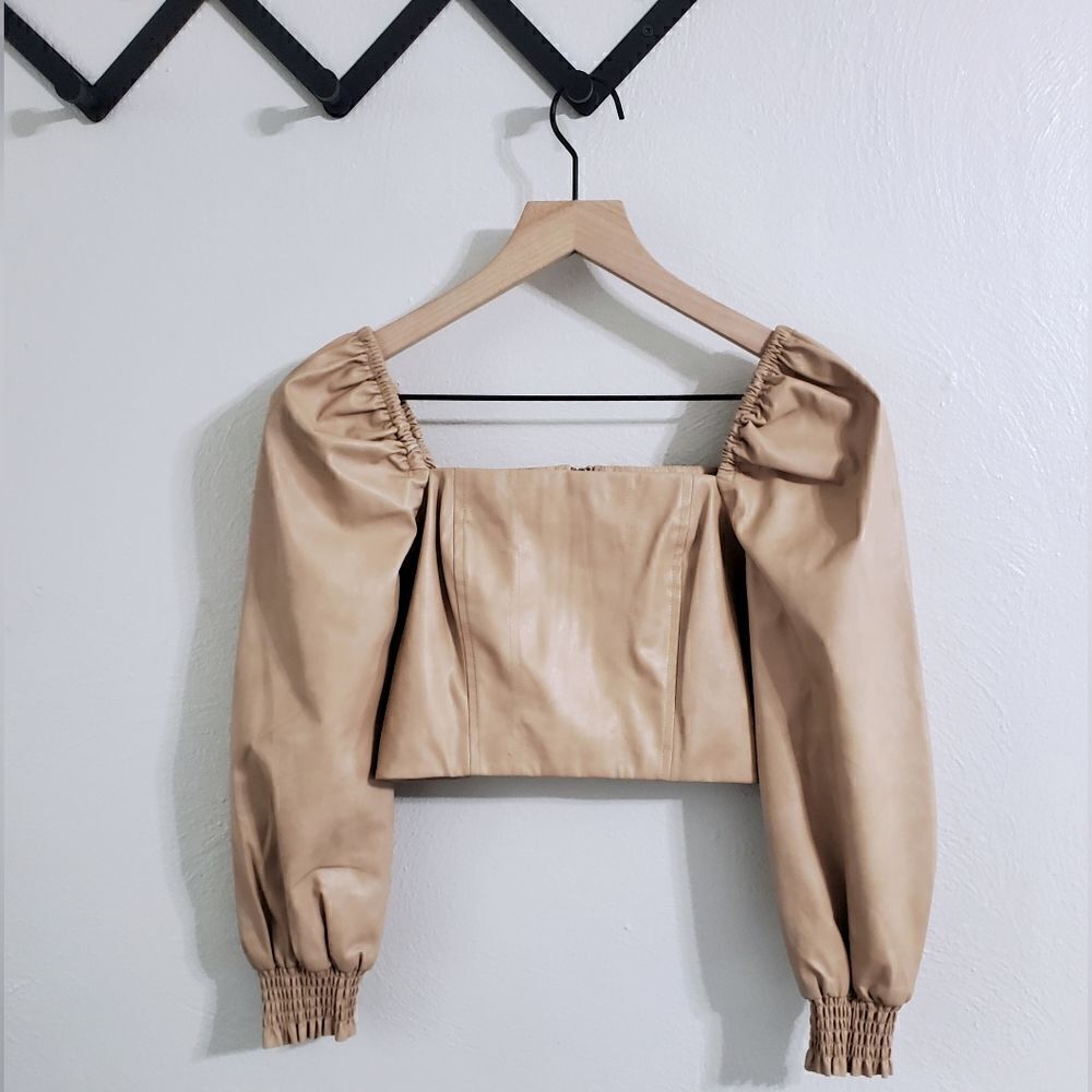 7 For All Mankind Faux Leather Puff Sleeve Corset Crop Top In Beige/Tan Nwt